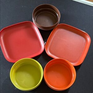 Tupperware Red, Orange, Olive Green, Brown Retro Serveware Set